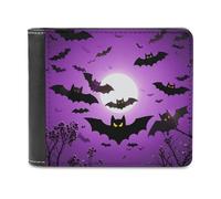 Rkklvbns Halloween Flying Purple Bats Leather Wallets RFID Blocking Slim Front Pocket Wallet Leather Money Clip, Stylish Mens Bifold Wallet Credit Card Holder Gift for Men