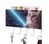 Rkklvbns Key Holder Space Laser Cat Novelty Cute Funny Wall Mounted Key Rack with 5 Hooks Mail Organizer Wall Mount Hanging Key Hook Home Decor for Office Entryway Kitchen