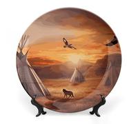 Rkklvbns Native American Tribes Decorative Plates 6inch Ceramic Dinner Plates Bone China Decorative Plate with Display Stand Dessert Plates for Home Office Wall Decoration