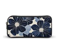 Rkklvbns Navy Blue Flowers Large Pencil Case Portable Pencil Bag with Zipper Stationery Organizer Simple Storage Aesthetic Stationery for Office College Adult Use