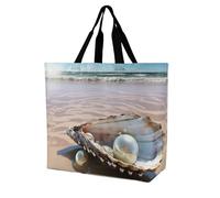 Rkklvbns Ocean Beach Mussel Pearl Shopping Bag Foldable, Reusable Grocery Bag for Outdoor, Large Capacity Shoulder Bags Washable Tote Bags for Work, Beach, Travel