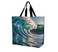 Rkklvbns Ocean Waves Shopping Bag Foldable, Reusable Grocery Bag for Outdoor, Large Capacity Shoulder Bags Washable Tote Bags for Work, Beach, Travel