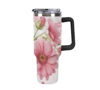 Rkklvbns Pink Flowers Travel Coffee Cup, 40 Oz Tumbler with Handle And Straw Lid, Leak-proof Large Capacity Car Cup, Keeps Cold Or Hot for Gym, Travel Sports