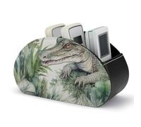 Rkklvbns PU Leather Remote Organizar Box for Office, Crocodile Green TV Remote Control Holder with 5 Compartments, Anti-slip Desktop Remote Caddy Storage for DVD, Blu-Ray, Media Player