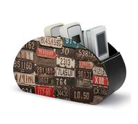 Rkklvbns PU Leather Remote Organizar Box for Office, Old License Plate TV Remote Control Holder with 5 Compartments, Anti-slip Desktop Remote Caddy Storage for DVD, Blu-Ray, Media Player