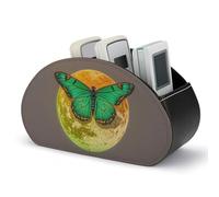 Rkklvbns PU Leather Remote Organizar Box for Office, Sun And Moon Green Moth TV Remote Control Holder with 5 Compartments, Anti-slip Desktop Remote Caddy Storage for DVD, Blu-Ray, Media Player
