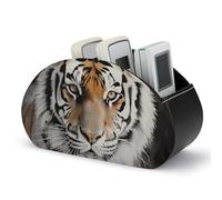 Rkklvbns PU Leather Remote Organizar Box for Office, Tiger TV Remote Control Holder with 5 Compartments, Anti-slip Desktop Remote Caddy Storage for DVD, Blu-Ray, Media Player