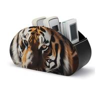 Rkklvbns PU Leather Remote Organizar Box for Office, Wild Animal Tiger TV Remote Control Holder with 5 Compartments, Anti-slip Desktop Remote Caddy Storage for DVD, Blu-Ray, Media Player