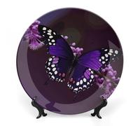 Rkklvbns Purple Plum Butterfly Decorative Plates 8inch Ceramic Dinner Plates Bone China Decorative Plate with Display Stand Dessert Plates for Home Office Wall Decoration