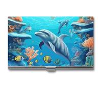 Rkklvbns Seabed Coral Fish Dolphins Pocket Business Card Holder Portable Business Name Card Holder Aluminum Alloy Flip Cover Slim Name Cards Case for Business Meeting Use