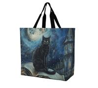 Rkklvbns Sitting A Black Cat Women Tote Bag Shoulder Grocerie Bags Portable Storage Handbag Lightweight Durable for Work Travel Casual Bag