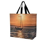 Rkklvbns Sunset Seascape Sailboat Floating Shopping Bag Foldable, Reusable Grocery Bag for Outdoor, Large Capacity Shoulder Bags Washable Tote Bags for Work, Beach, Travel