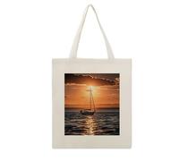 Rkklvbns Sunset Seascape Sailboat Floating Tote Bags for Shopping, Reusable Canvas Shoulder Bag for Work, Lightweight Casual Handbags with Strap for Travel, Camping, Beach, Fitness, Activity