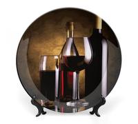 Rkklvbns Three Wine Bottles And Glass Over Decorative Plates 7inch Ceramic Dinner Plates Bone China Decorative Plate with Display Stand Dessert Plates for Home Office Wall Decoration