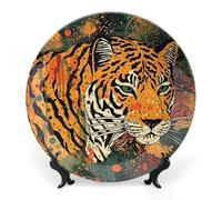 Rkklvbns Tiger Botanical Print Decorative Plates 8inch Ceramic Dinner Plates Bone China Decorative Plate with Display Stand Dessert Plates for Home Office Wall Decoration