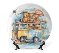 Rkklvbns Truck And Bear Decorative Plates 8inch Ceramic Dinner Plates Bone China Decorative Plate with Display Stand Dessert Plates for Home Office Wall Decoration