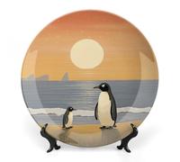 Rkklvbns Two Penguins Pictures Decorative Plates 7inch Ceramic Dinner Plates Bone China Decorative Plate with Display Stand Dessert Plates for Home Office Wall Decoration