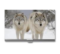 Rkklvbns Two Wolves Walking in The Snow Pocket Business Card Holder Portable Business Name Card Holder Aluminum Alloy Flip Cover Slim Name Cards Case for Business Meeting Use