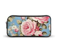 Rkklvbns Vintage Rose Blue Large Pencil Case Portable Pencil Bag with Zipper Stationery Organizer Simple Storage Aesthetic Stationery for Office College Adult Use