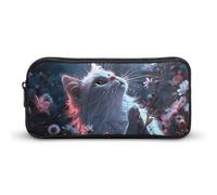 Rkklvbns White Cat in Flowers Large Pencil Case Portable Pencil Bag with Zipper Stationery Organizer Simple Storage Aesthetic Stationery for Office College Adult Use