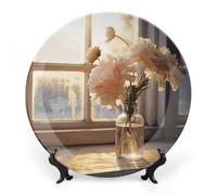 Rkklvbns Window Flower Decorative Plates 6inch Ceramic Dinner Plates Bone China Decorative Plate with Display Stand Dessert Plates for Home Office Wall Decoration