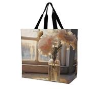 Rkklvbns Window Flower Women Tote Bag Shoulder Grocerie Bags Portable Storage Handbag Lightweight Durable for Work Travel Casual Bag