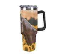 Rkklvbns Yellow Sunflower Horse Travel Coffee Cup, 40 Oz Tumbler with Handle And Straw Lid, Leak-proof Large Capacity Car Cup, Keeps Cold Or Hot for Gym, Travel Sports