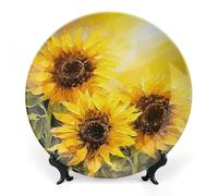 Rkklvbns Yellow Sunflowers Decorative Plates 7inch Ceramic Dinner Plates Bone China Decorative Plate with Display Stand Dessert Plates for Home Office Wall Decoration