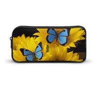 Rkklvbns Yellow Sunflowers with Blue Butterflies Large Pencil Case Portable Pencil Bag with Zipper Stationery Organizer Simple Storage Aesthetic Stationery for Office College Adult Use