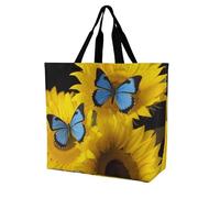 Rkklvbns Yellow Sunflowers with Blue Butterflies Women Tote Bag Shoulder Grocerie Bags Portable Storage Handbag Lightweight Durable for Work Travel Casual Bag