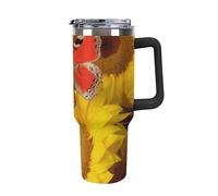 Rkklvbns Yellow Sunflowers with Red Butterfly Travel Coffee Cup, 40 Oz Tumbler with Handle And Straw Lid, Leak-proof Large Capacity Car Cup, Keeps Cold Or Hot for Gym, Travel Sports