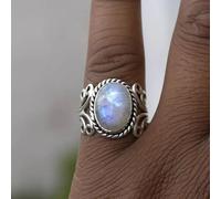 RKKOJJO 925 Sterling Silver Shiny Vintage Moonstone Cocktail Ring Eternity Engagement Wedding Ring for Women, US Code 9, Metal