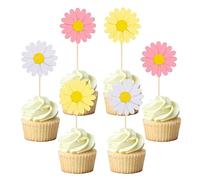 RKMYTR 24pcs Daisy Cupcake Decorations White/Yellow/Pink Floral Cake Toppers with Flowers for Birthday Baby Shower Wedding Party Decorations Spring Cake Decoration Daisy Flower Designs