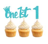RKMYTR 24Pcs One cake Toppers Blue Glitter Baby First Birthday Party Cupcake Food Picks Decorations for Baby Shower Boys Girls Kids 1st Birthday cake topper Party Cake Decorations Supplies Wedding,