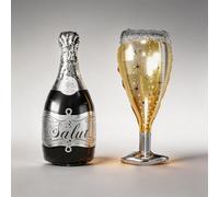 RKMYTR 2Pcs Champagne & Goblet Foil Balloons Engagement Decor | Black/gold 2pcs bottle & goblet, 86x45cm & 93x44cm. Foil, self-sealing. Engagement/wedding/party decor, adult only.