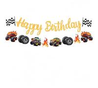 RKMYTR Monster Truck Birthday Banner with Garland - Race Car Theme Party Decorations, Hot Wheels Cars Birthday Sign for Boys Birthday Party Supplies