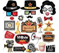 RKMYTR Movie Night Photo Booth Props - 25 Pieces Funny Selfie Props Decorations, Black Red Diy Moustache Clapper Board Bow Lips Hat Eyeglasses for Birthday Wedding Photography Studio Accessories