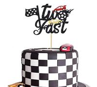 RKMYTR Racing Car Cake Topper for 2nd Birthday Party - Car Theme Boy Girl Decoration Two Fast Cake Toppers Flag Sign Racecar Birthday Supplies