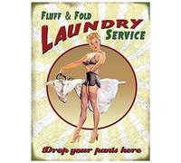 RKO Fluff & Fold Laundry Service. Drop your pants here. Double meaning, innuendo. Sexy pinup in underwear ironing. 40's style. Fridge Magnet