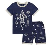 RKOIAN Boys Short Sleeve Pyjamas Sets Toddler Rocket Glow in The Dark Pjs Cotton 2 Piece Nightwear for Kids 2-10 Years (Blue Rocket, 3-4 Years)