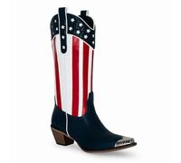 RKQ Women's Flag Mid Calf Cowboy Boots Chunky Block Heel Pull On Wide calf Metal Pointed Toe Western Cowgirl Booties classic sexy party Boots, Blue, 4.5 UK
