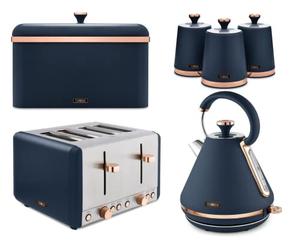 RKW Tower Cavaletto 3KW 1.7L Pyramid Kettle, 4-Slice 1800W Toaster, Bread Bin & Set of 3 Tea, Coffee Sugar Canisters in Midnight Blue Rose Gold. Matching Kitchen 6 Items