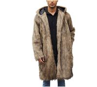Rkwins Men's Faux Fur Coat Long Open Front Cardigan Winter Fuzzy Fleece Jacket Warm Overcoat Turn Down Collar Coat, A02-brown, XL