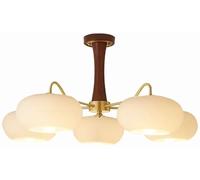 RKYRRKI Mid Century Milk Glass Chandelier - Semi Flush Mount Ceiling Light for Dining Room, Living Room, Bedroom - Rustic Wood Hanging Pendant Light, Large Sputnik Design(5 Lights Ceiling Light)