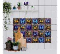 RKYRRKI Stick On Tiles Purple Butterfly Yellow Kitchen Tile Stickers Peel and Stick on Bathroom Tiles Durable Waterproof Oil-Proof Self Adhesive Floor Tile Transfers Removable 10x10cm/24 Pcs