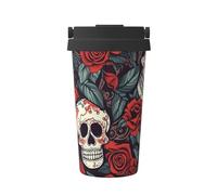 RLDOBOFE 16 oz Tumbler with Flip Lid and Handle Stainless Steel Vacuum Insulated Coffee Mug Double Wall Travel Tumblers Sugar Skulls and red Roses Coffee Cup Gifts for Women Men Outdoor Thermal Cup