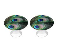 RLDOBOFE 2 Pack Green Peacock Feather Cabinet Knob Stainless Steel Drawer Pull with Screws Round Cabinet Handle 1.1 Inch Hardware Decorative Knobs for Kitchen Furniture Cupboard
