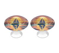 RLDOBOFE 2 Pack Sunset and Sailboat Cabinet Knob Stainless Steel Drawer Pull with Screws Round Cabinet Handle 1.1 Inch Hardware Decorative Knobs for Kitchen Furniture Cupboard