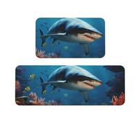 RLDOBOFE 2-Piece Anti-Fatigue Kitchen Mats, Cushioned Non-Slip Standing Desk Mat, Fish Sharks Coral Kitchen Rugs for Office, Laundry 17"x30"+17"x47", Non-Slip, Comfort Foam
