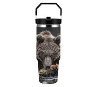 RLDOBOFE 30 Oz Bear Eats Fish Tumbler with Top Handle Vacuum Insulated Tumblers with Flip Straw Fits Cup Holders Double Wall Travel Coffee Mug Leakproof Water Bottle Cars Cup